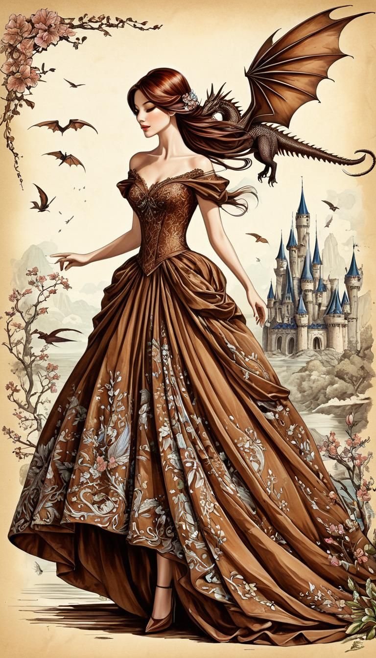 Elegant Woman in Fairytale Kingdom with Dragon