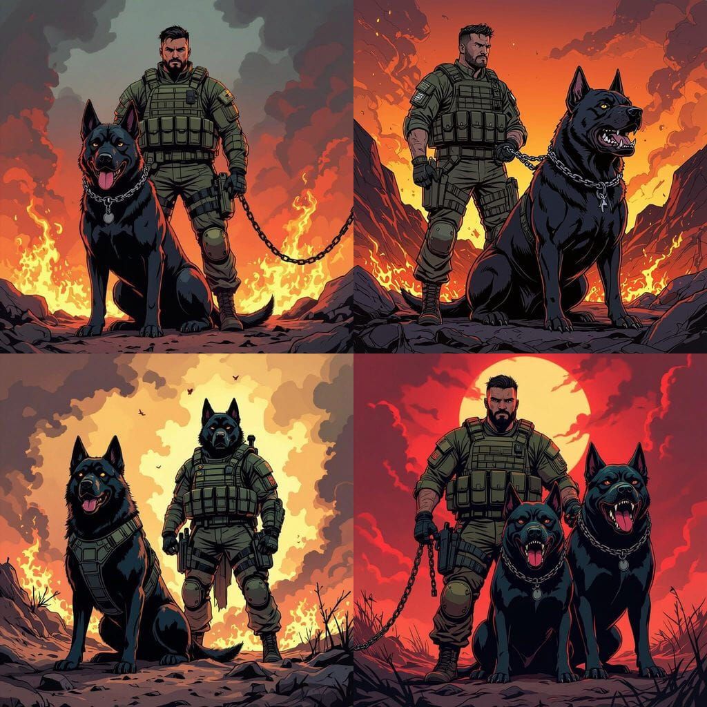 Soldier with Cerberus Dog in Hell | Comic Art Style