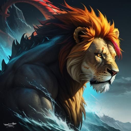 Hyperrealistic Lion-Dragon Hybrid in Splash Art Style