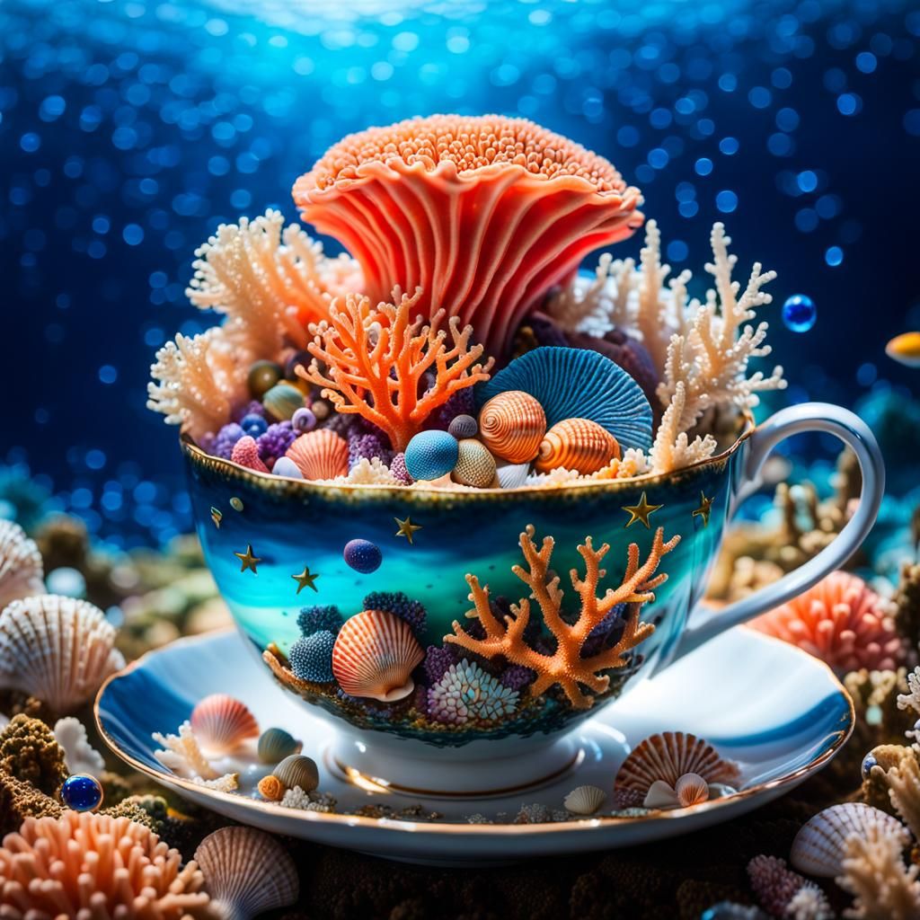 Coral Reef in Teacup: Detailed Marine Art