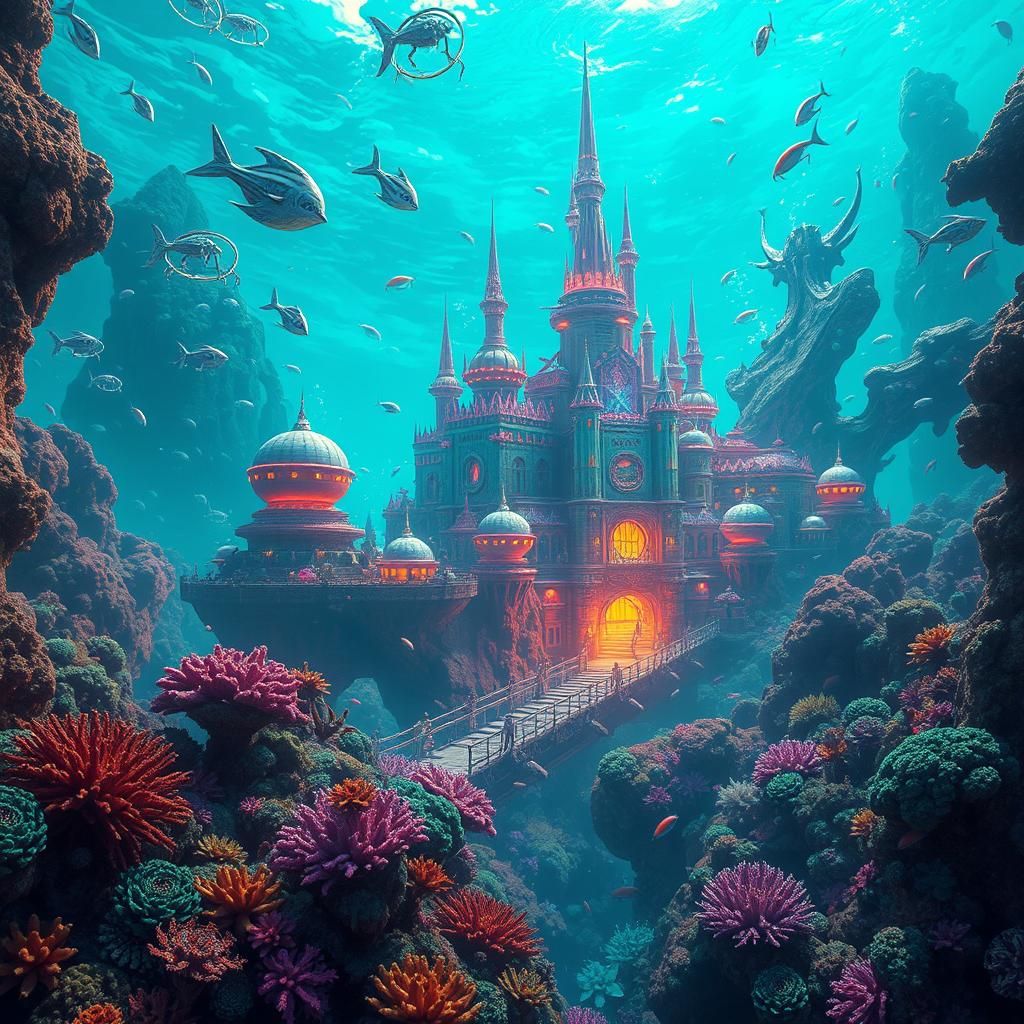 Submerged Alien City in Thriving Coral Reef