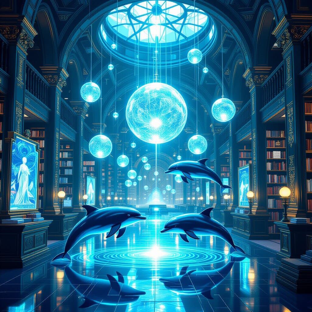 Futuristic Library with Crystalline Dolphins in Hyperrealist...