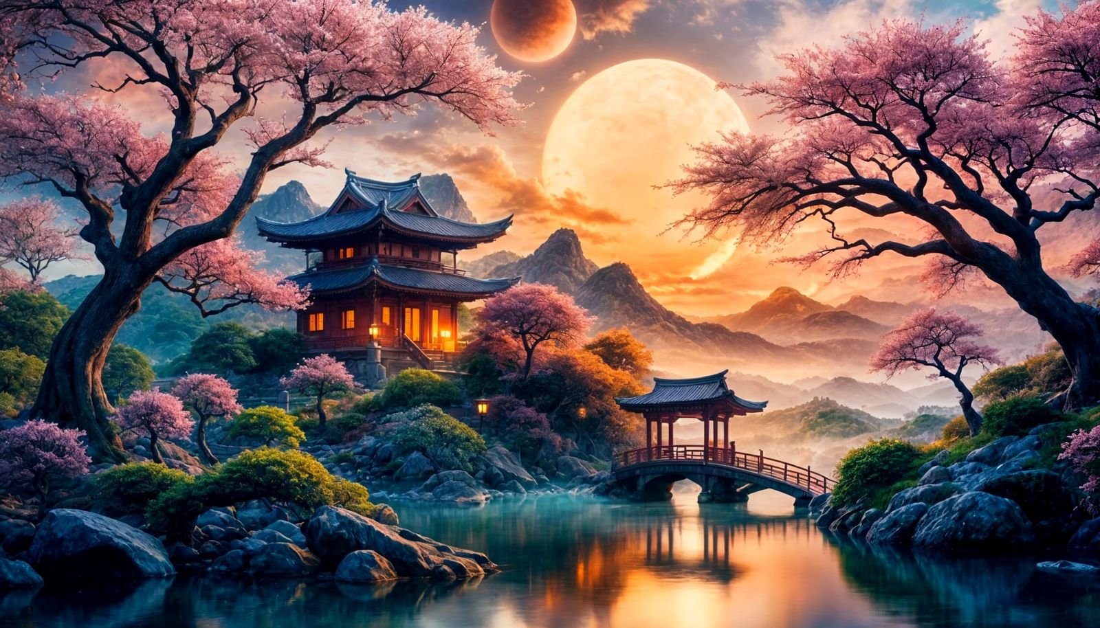 Tranquil Japanese Garden at Sunset with Sakura Blooms