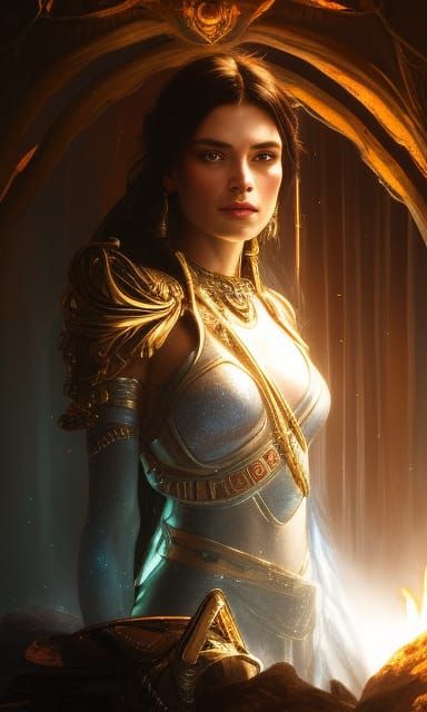 Photorealistic, hyperdetailed Ice age warrior woman, gorgeous, symmetrical face, perched by the fire in the cave where l...