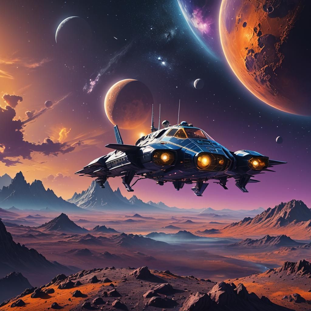 Spaceship Approaches Moon in Space Fantasy Art