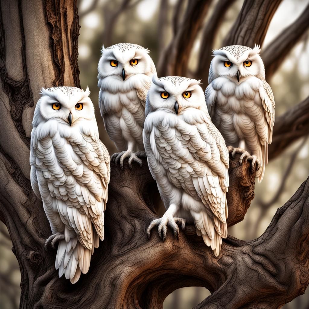 Four White Owls in Old Gumtree: Hyperrealistic Image