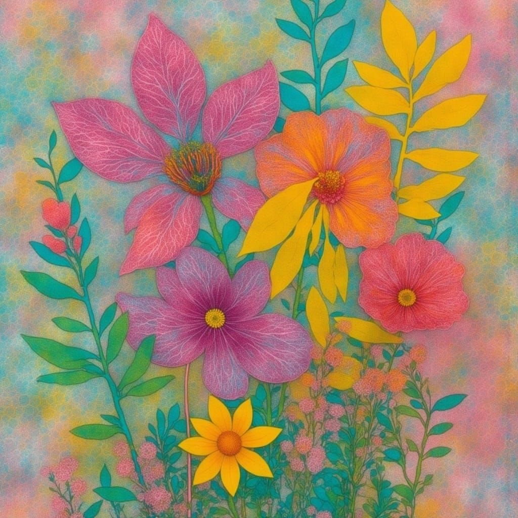 Gelatinous Print of Exotic Flowers in Surrealist Style