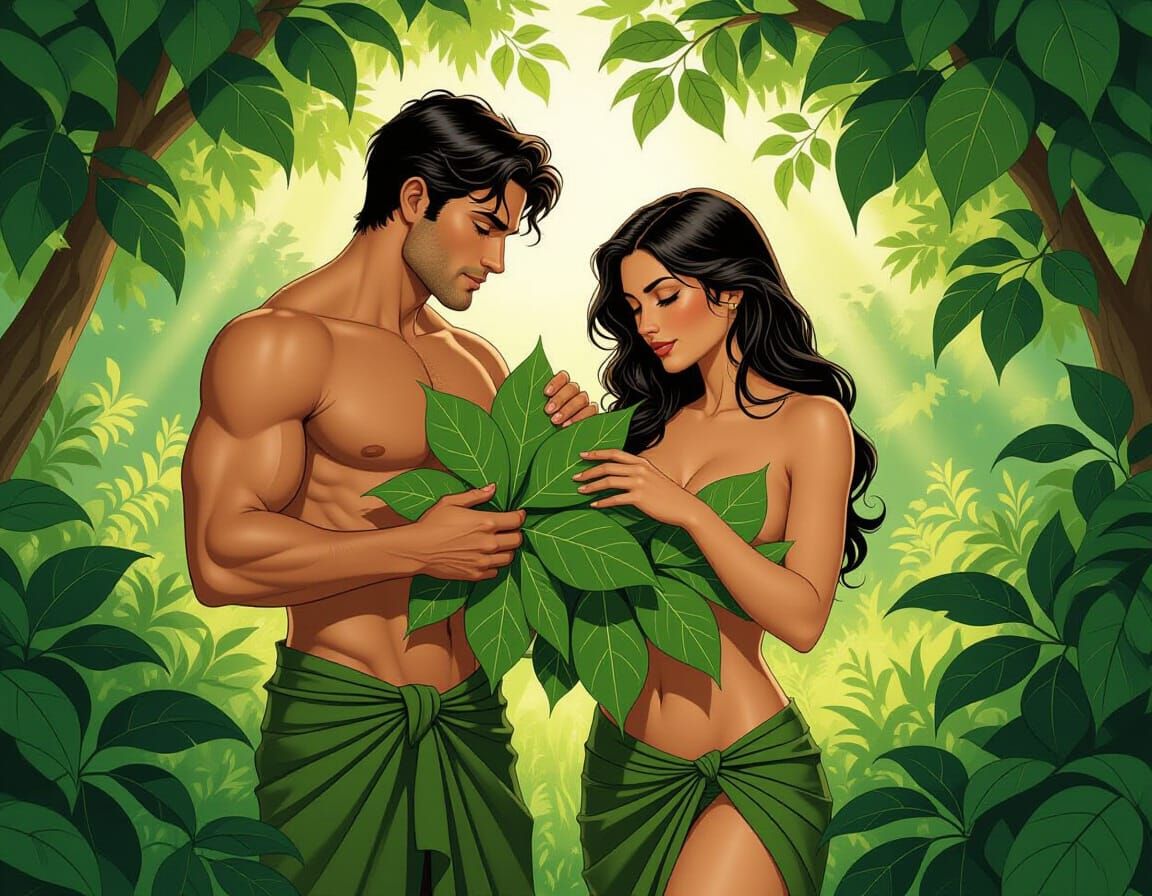 Adam and Eve in Garden, Covered by Leaves