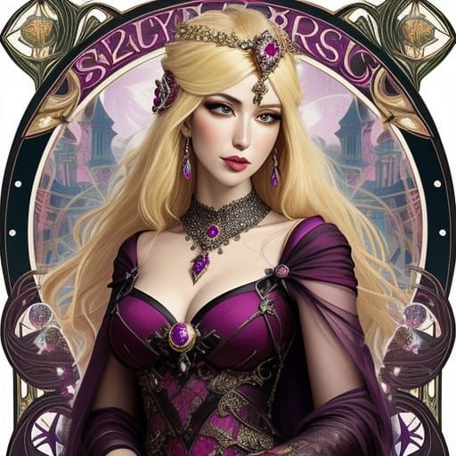 FANTASY dazzling ruby bejeweled blonde surly sorceress, crystals emporium, art nouveau, Bella Kotak, James Gurney