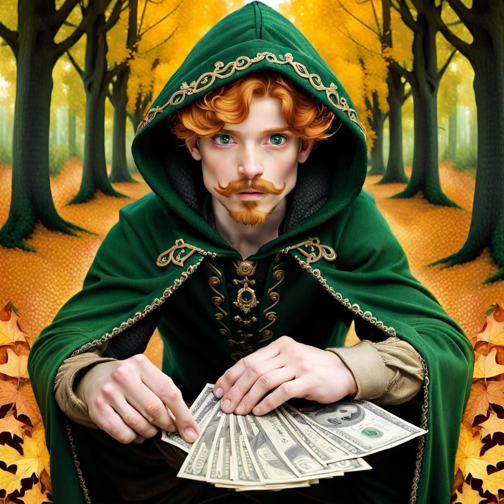 13th century highway robber Robbin Hood, counting the days harvest on a beautiful fall day