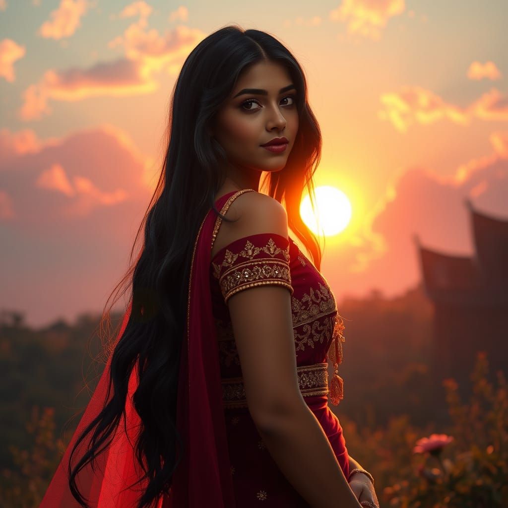 Young Woman in Burgundy Lehenga Basks in Golden Sunlit Sky
