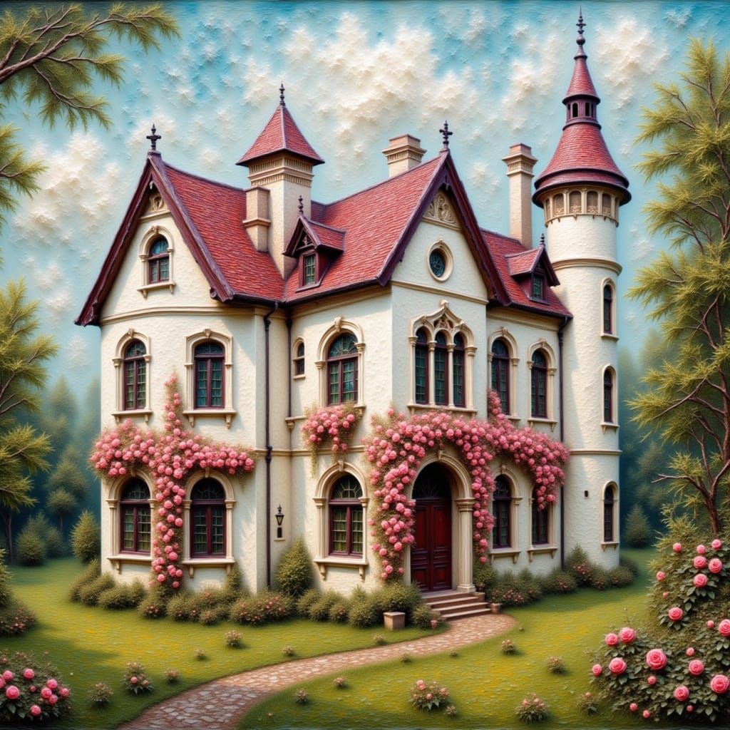 White Castle with Pink Roses and Magenta Roofs
