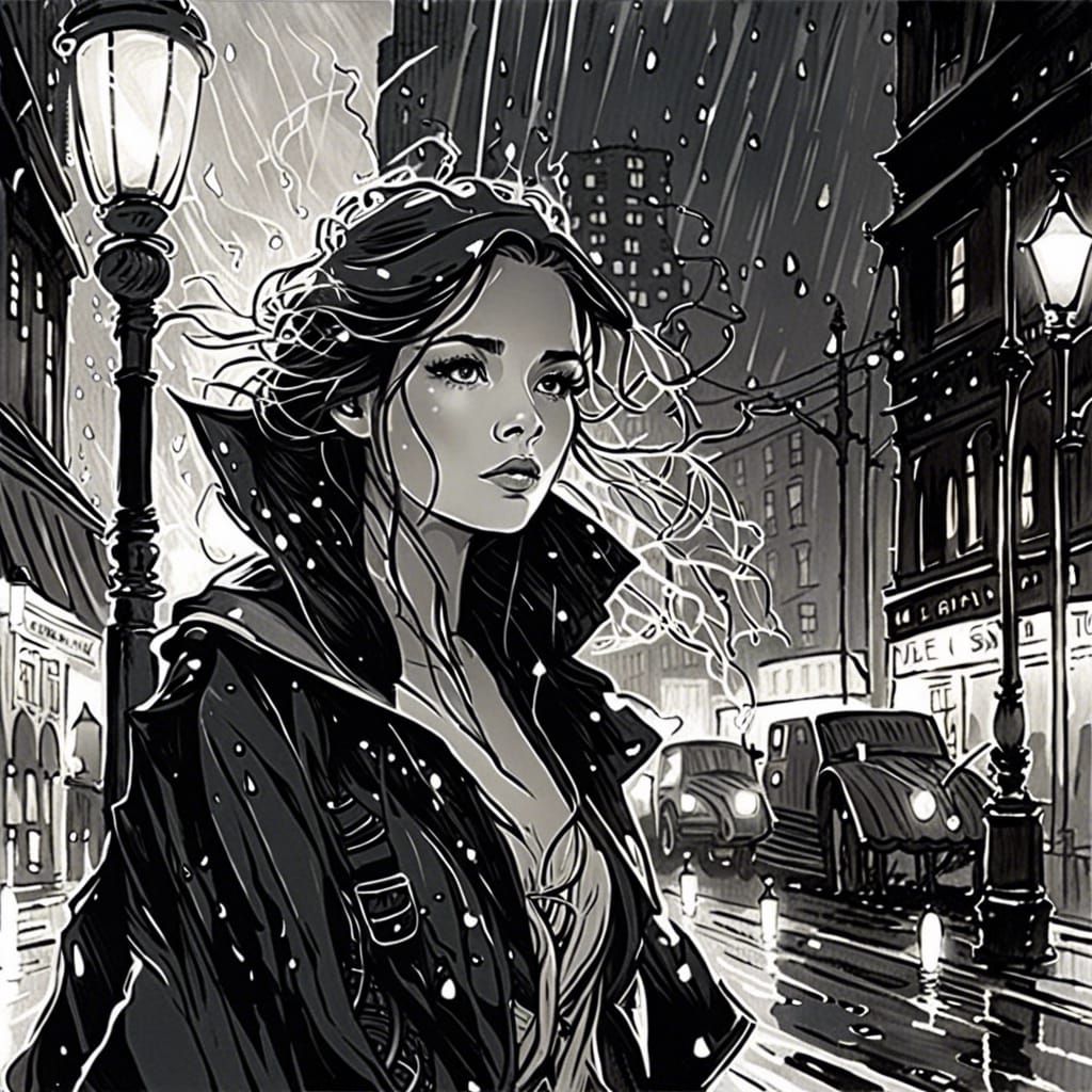 Girl in City Lightning Storm, Scribble Art