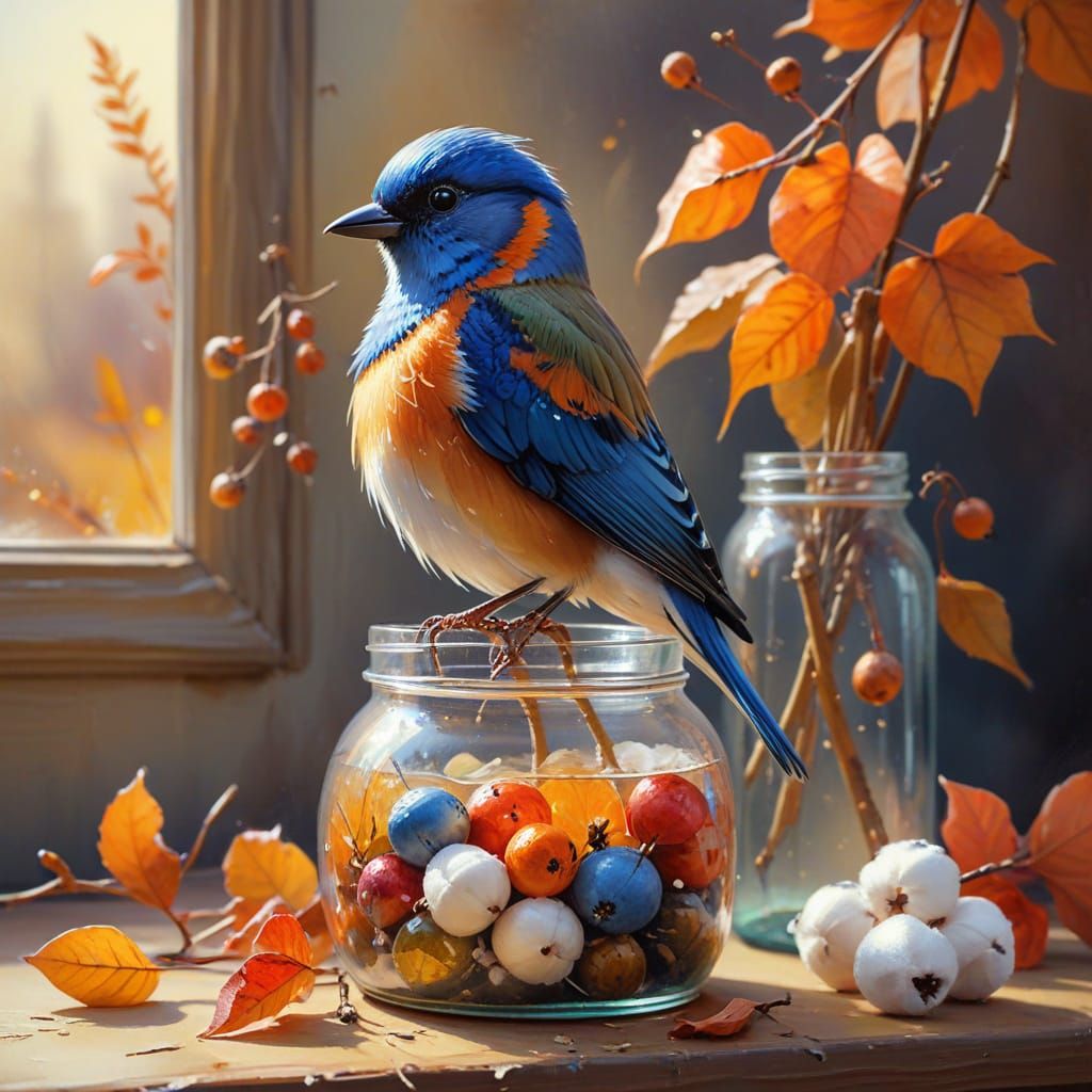 Watercolor Bird in Jar with Autumn Leaves