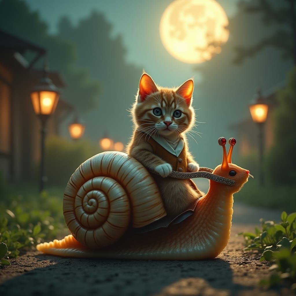 Cat Jockey Rides Snail Through Misty French Countryside