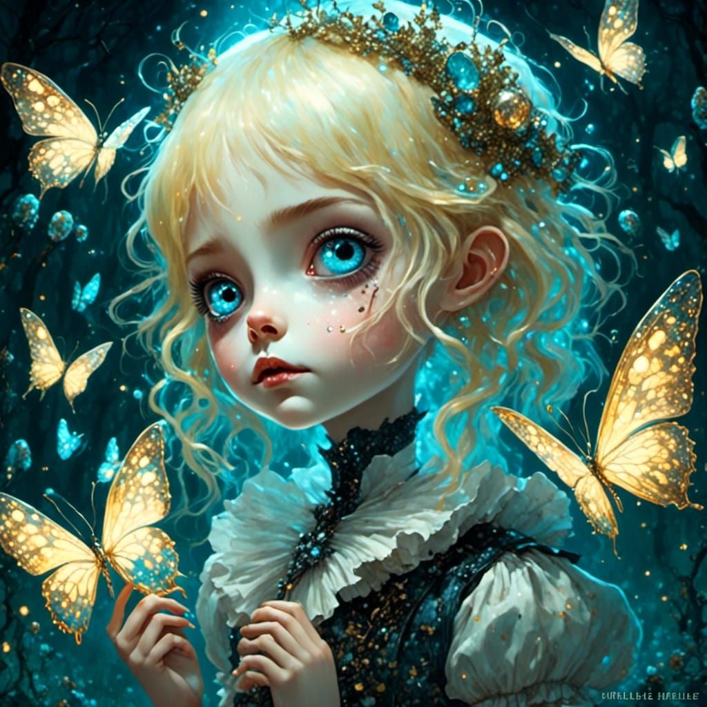 Bioluminescent Alice Reaching for Reflection in Dark Fantasy