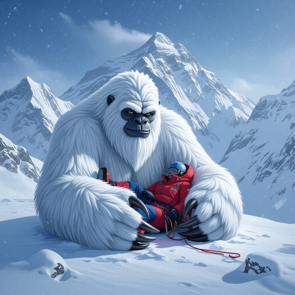 Yeti Cradling Climber in Snowy Himalaya