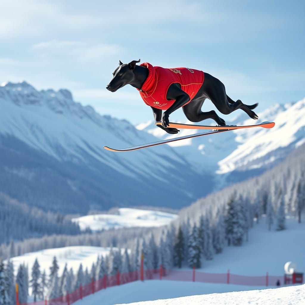 Majestic Black Greyhound Skiing in Adelboden, Switzerland