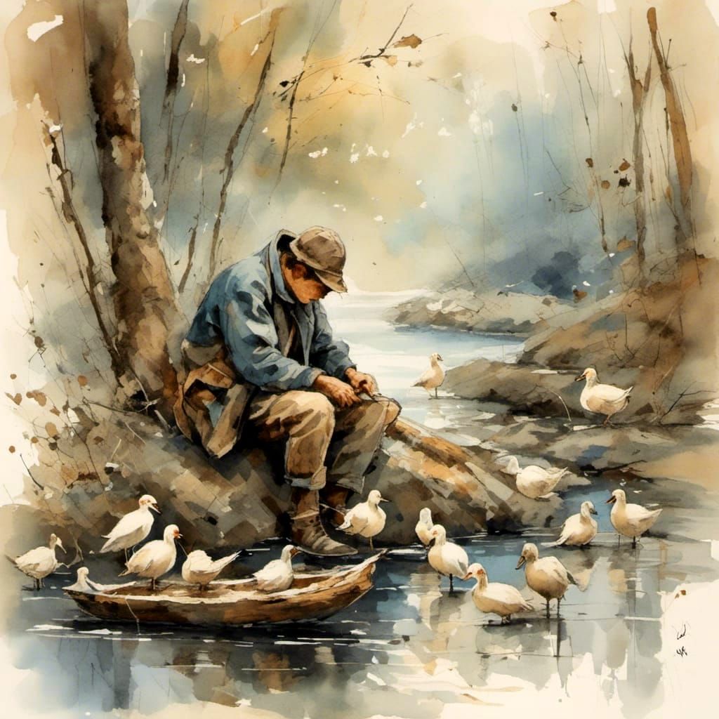Boy Feeding Ducks in Nature: Watercolor Art