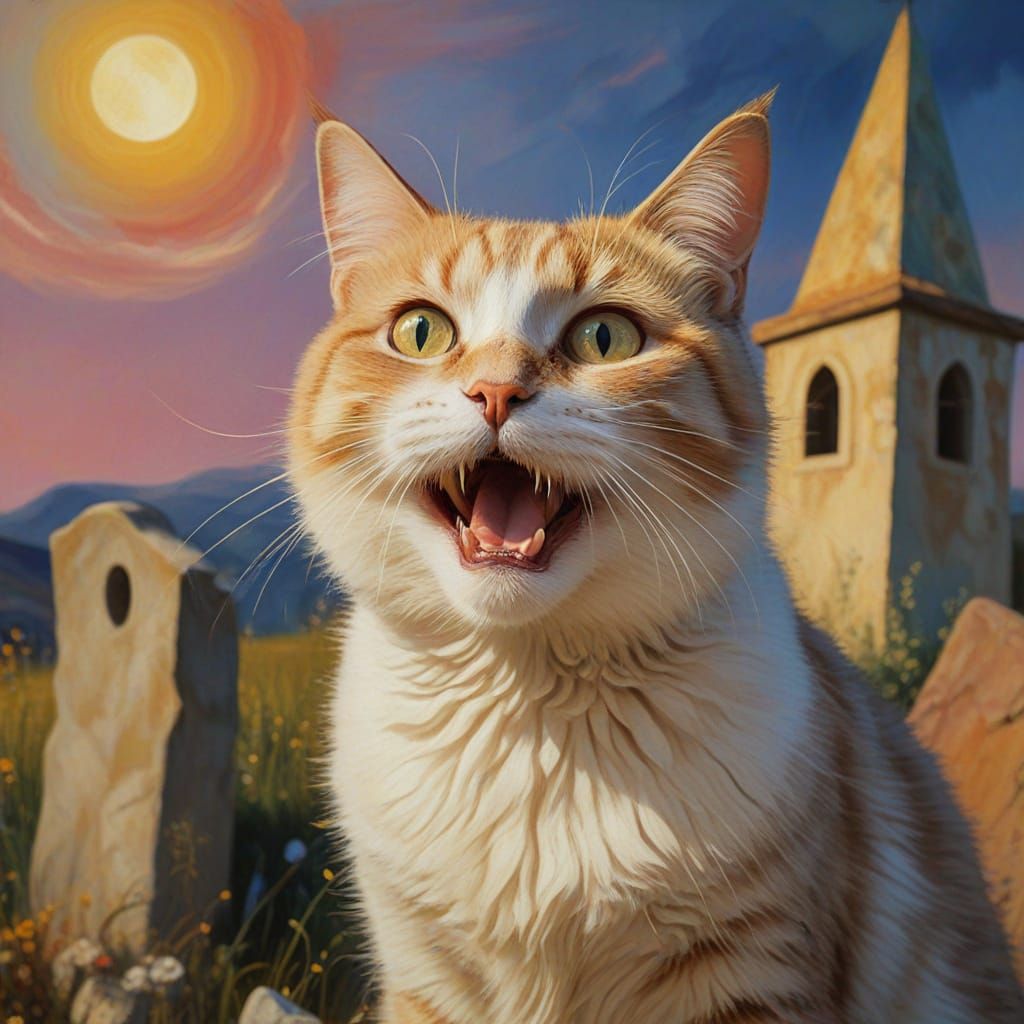 Surreal Cat at Grave as Oil Painting