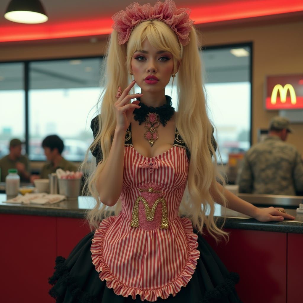 Vintage McDonald's Girl in Pink Makeup and Red Stripes