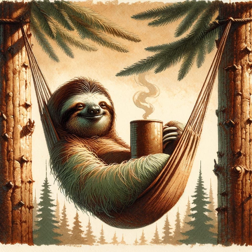 Sloth Relaxing in Hammock with Steaming Mug