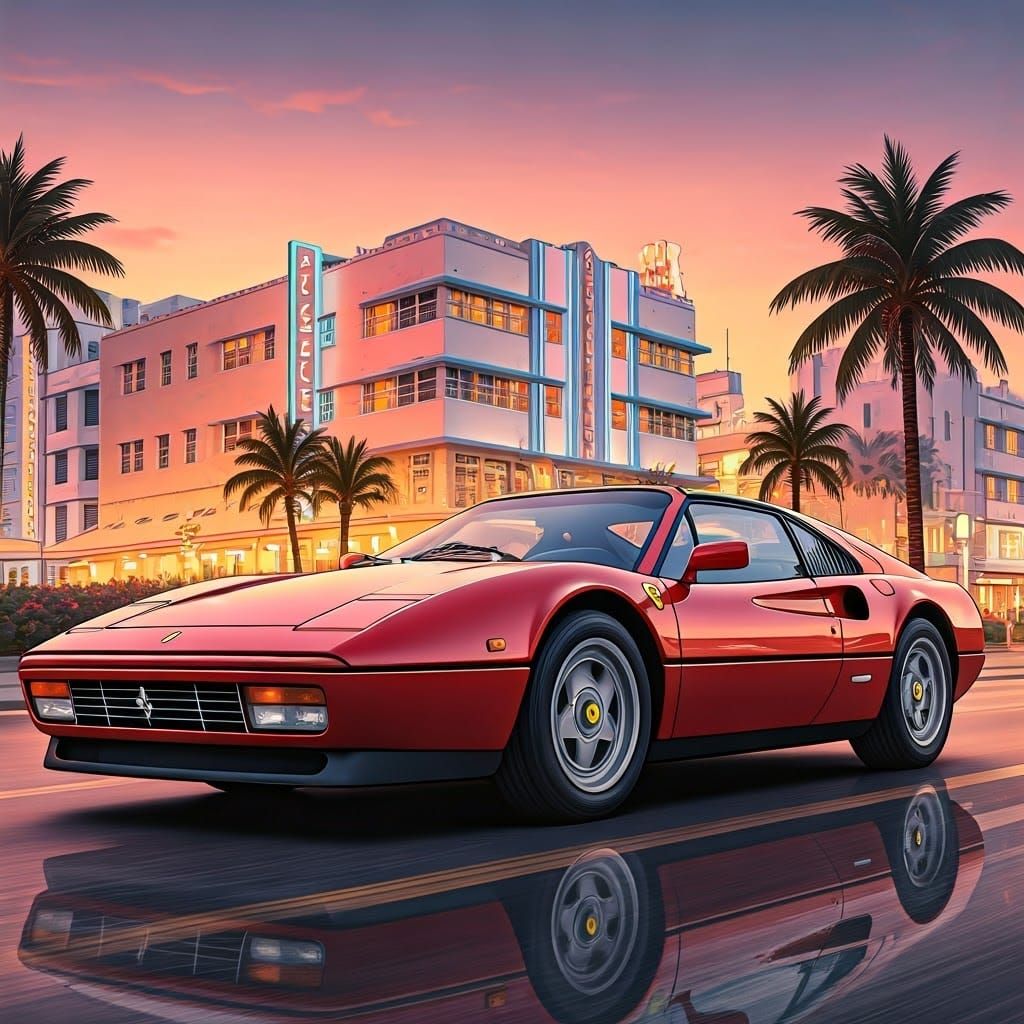Ferrari 328 GTS Races Down Miami Beach in Comic Style