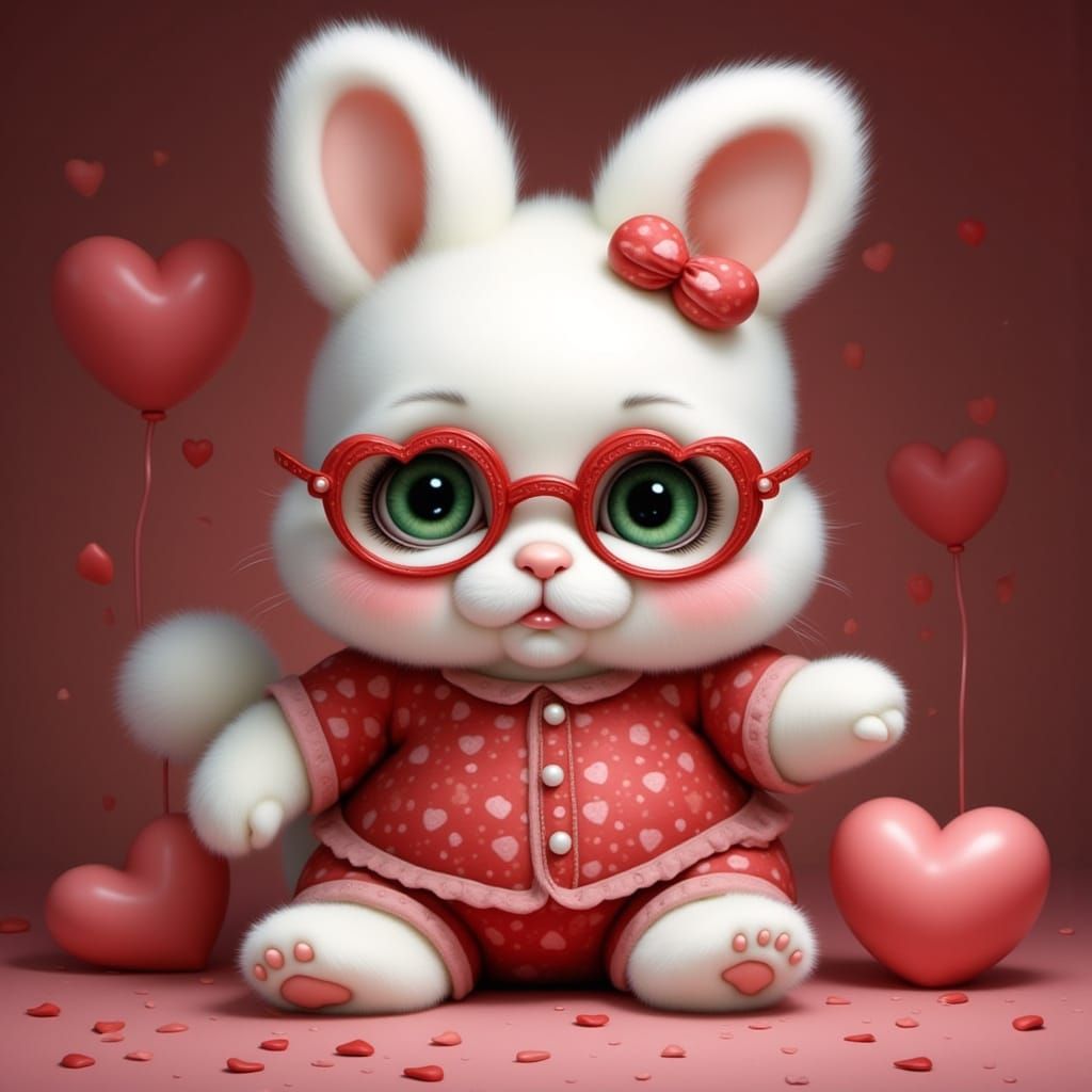 Cute Fluffy Bunny with Heart Glasses on Valentine's Day