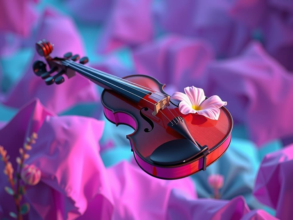 Surrealistic Violin Dreamscape in Vibrant Violet and Teal