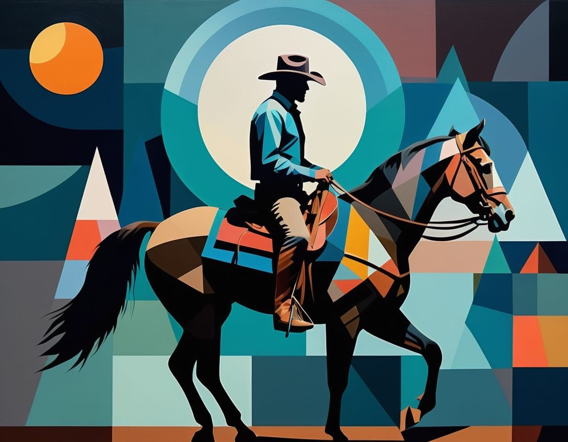 Cubist Cowboy Under a Full Moon