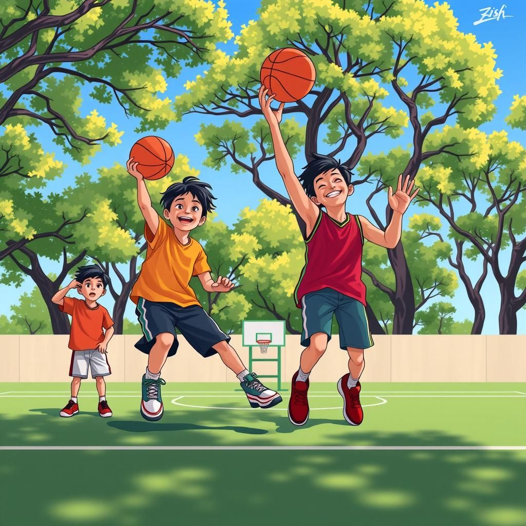 Kids Play Basketball in Sunny Outdoor Digital Art
