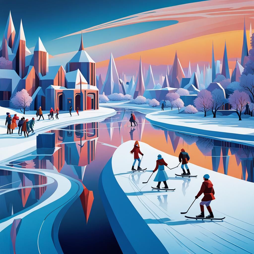 Frozen River Villagescape in Art Deco Style