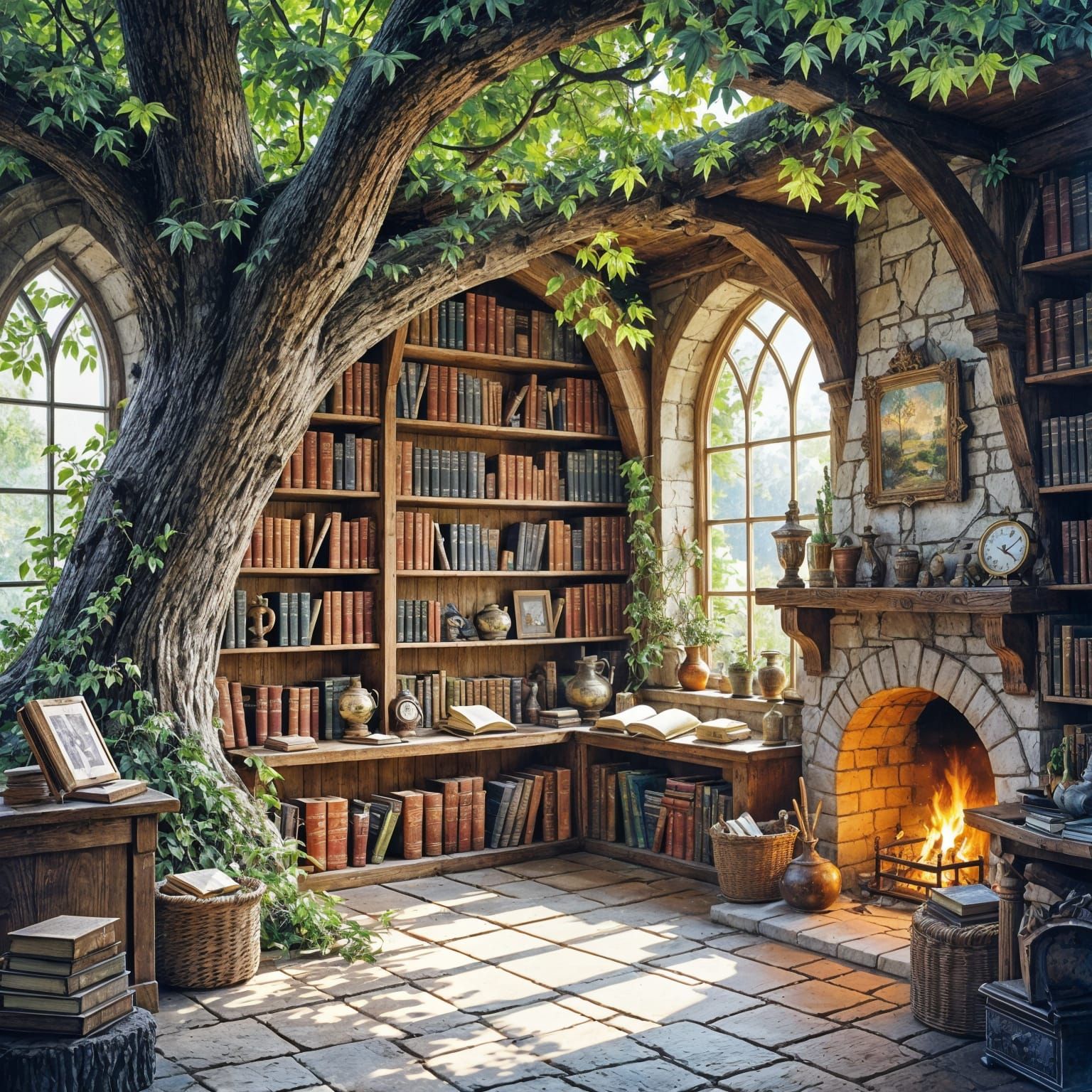 Enchanting Bookshop in Ancient Oak, Wet-on-Wet Watercolour