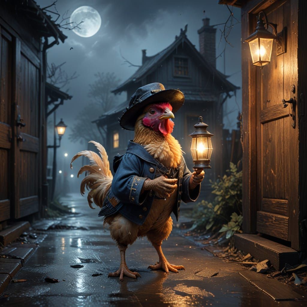 Chicken Nightwatchman at Door in Fine Art Style