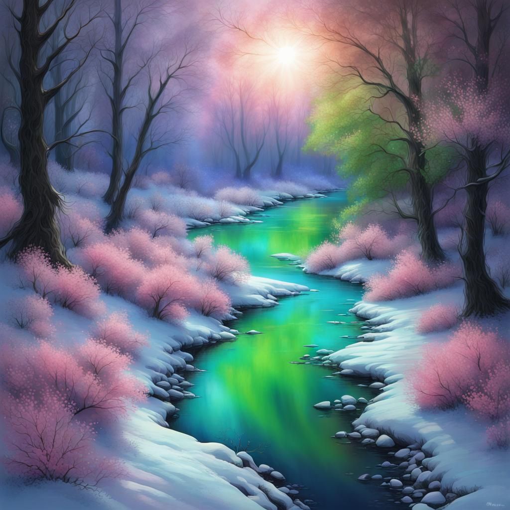Ethereal Glowing River Through Melting Snow, Detailed Matte ...