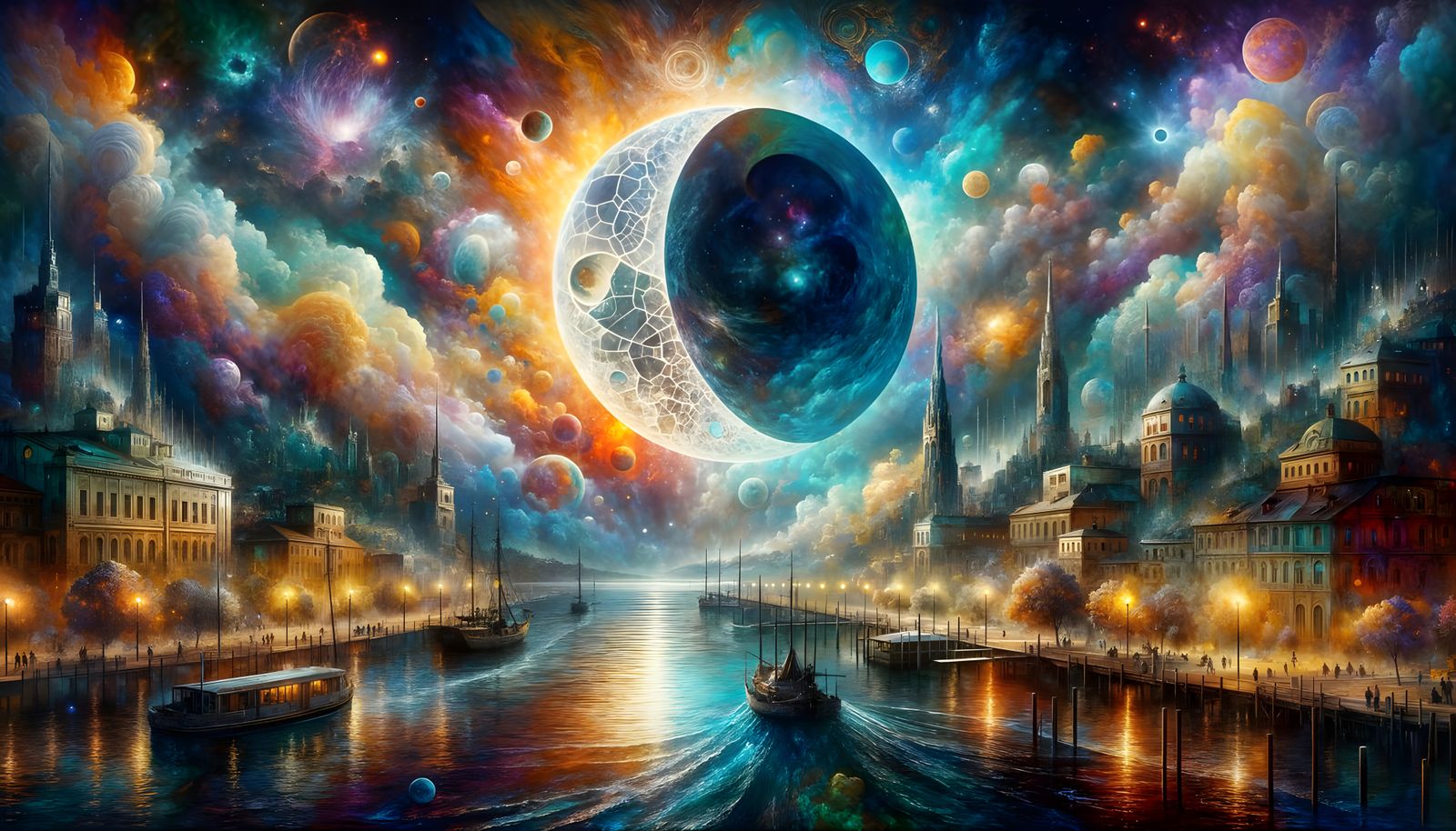 Surreal Oil Painting of River Harbor Under Hyperreal Full Mo...