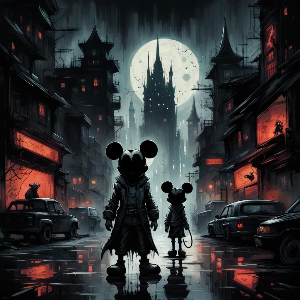 Evil Mickey Mouse in Noir Cyberpunk City