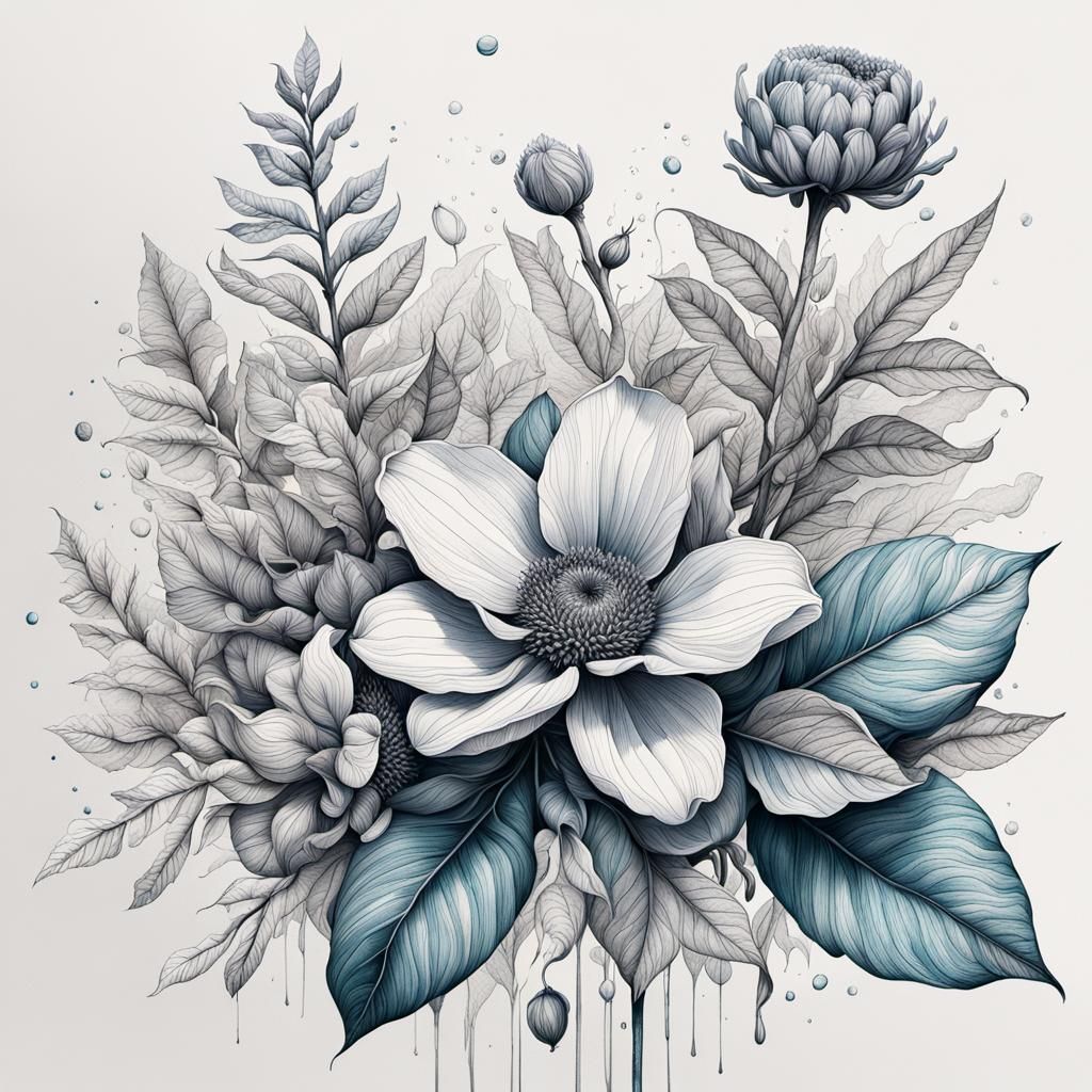 Elegant Botanical Ink Drawings: Hyperrealistic Detail