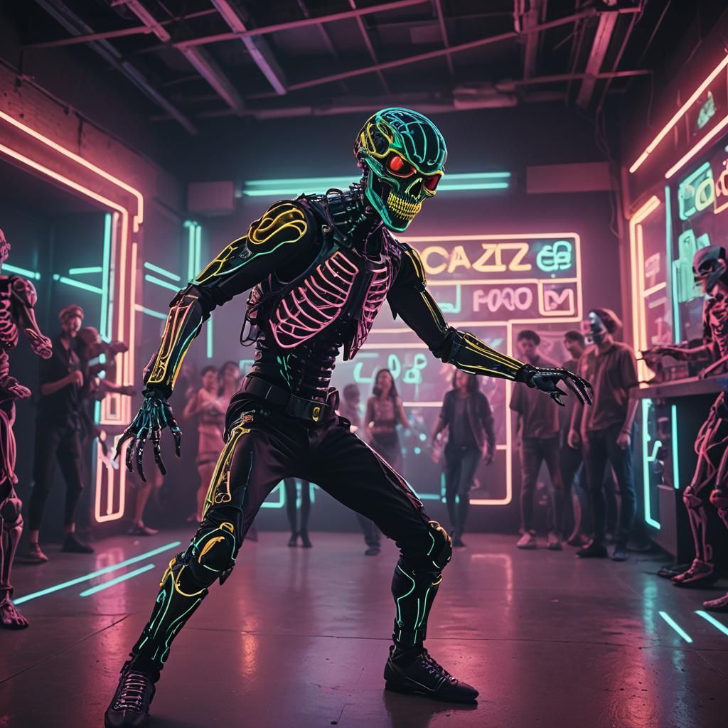 Neon Skeleton Dance: A Cinematic Still