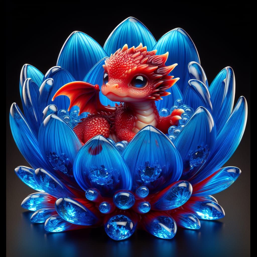 Miniature Red Dragon in Glass Flower with Jewels