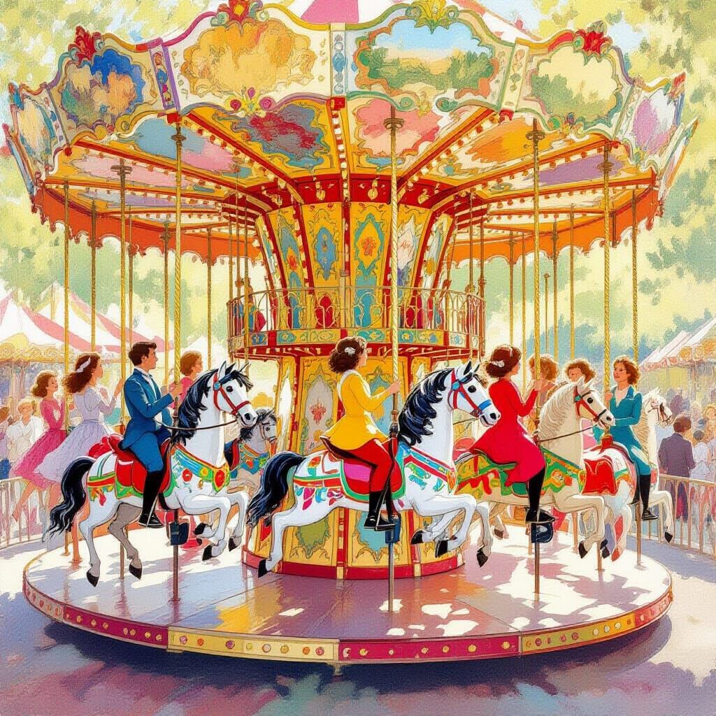 Joyful Carousel Scene in Vibrant Gouache Style