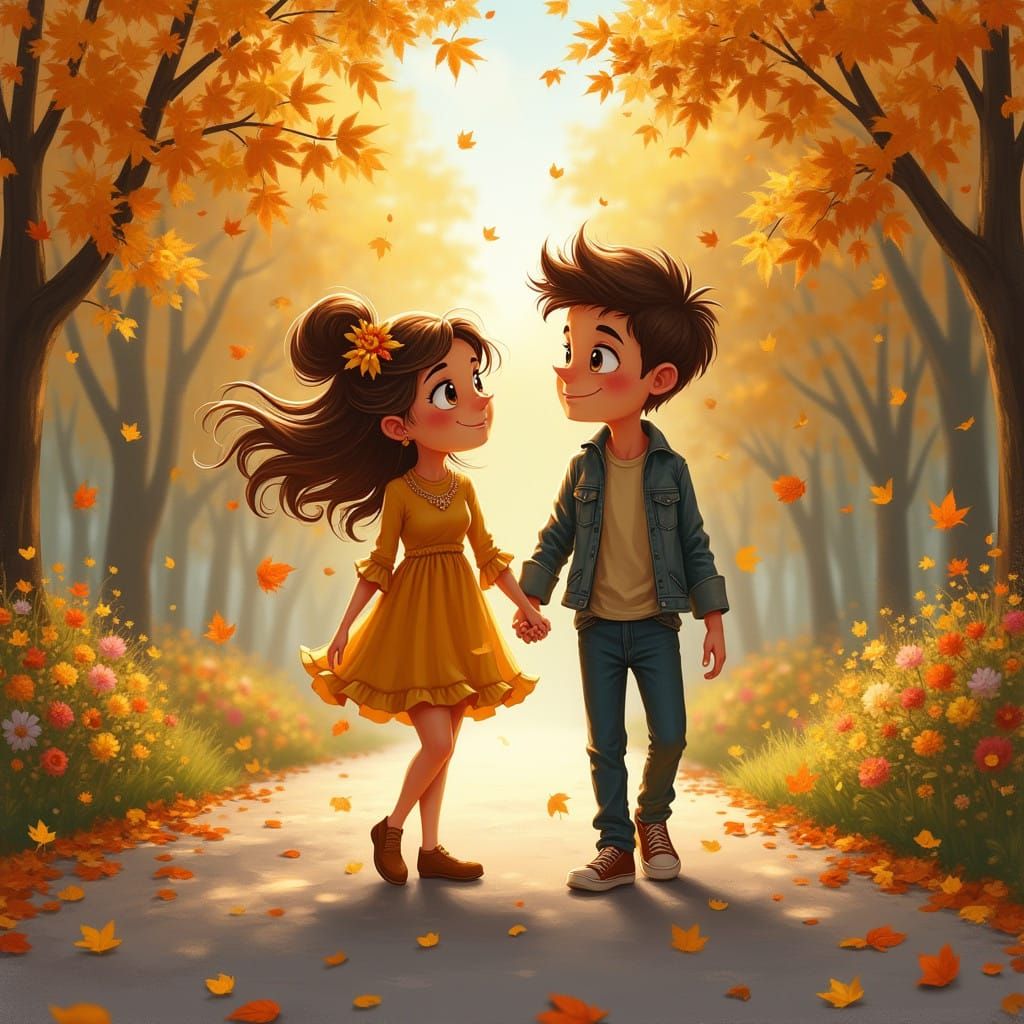 Young Lovers Stroll Through a Whimsical Fall Wonderland