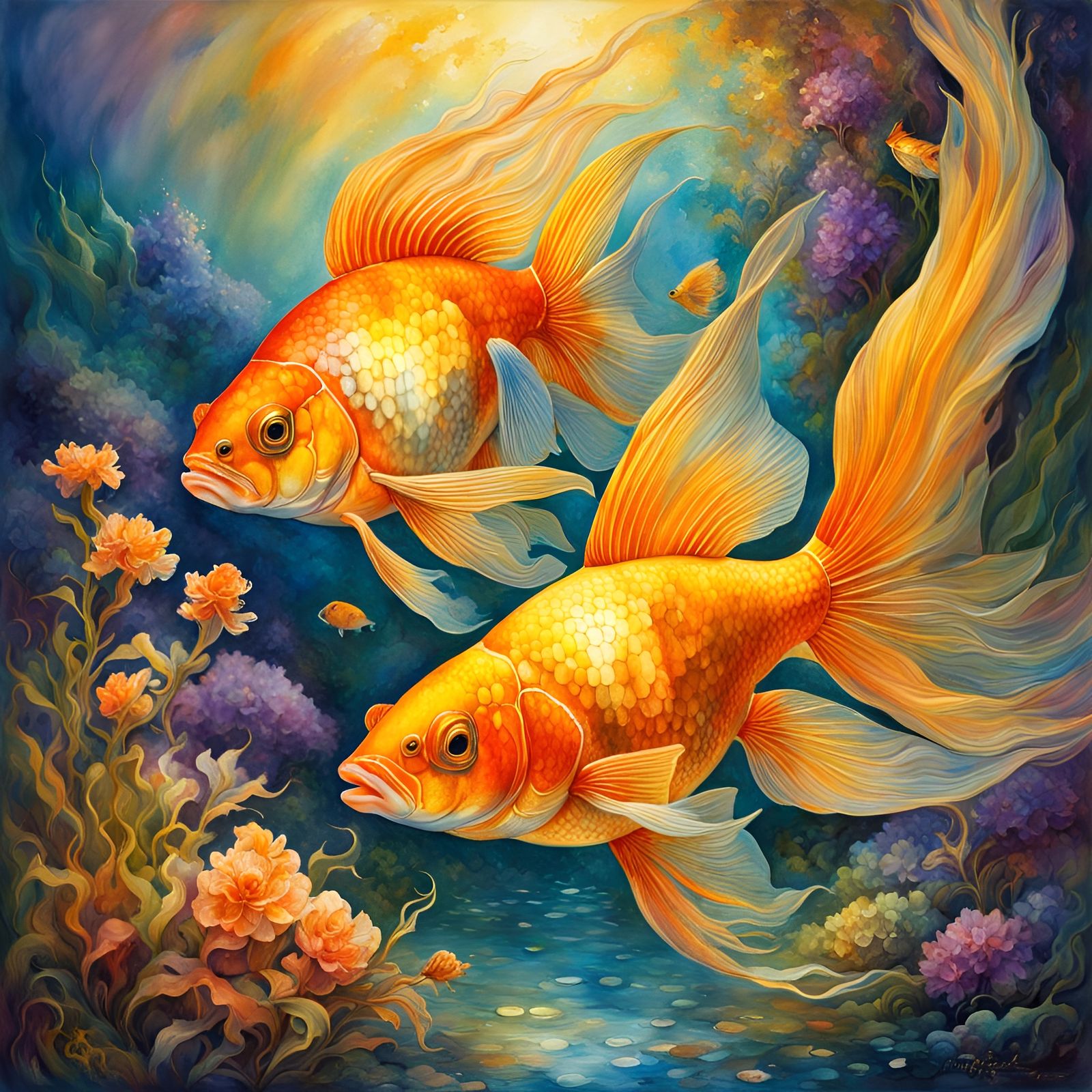 Polychromatic Goldfish Yin Yang Watercolor Illustration