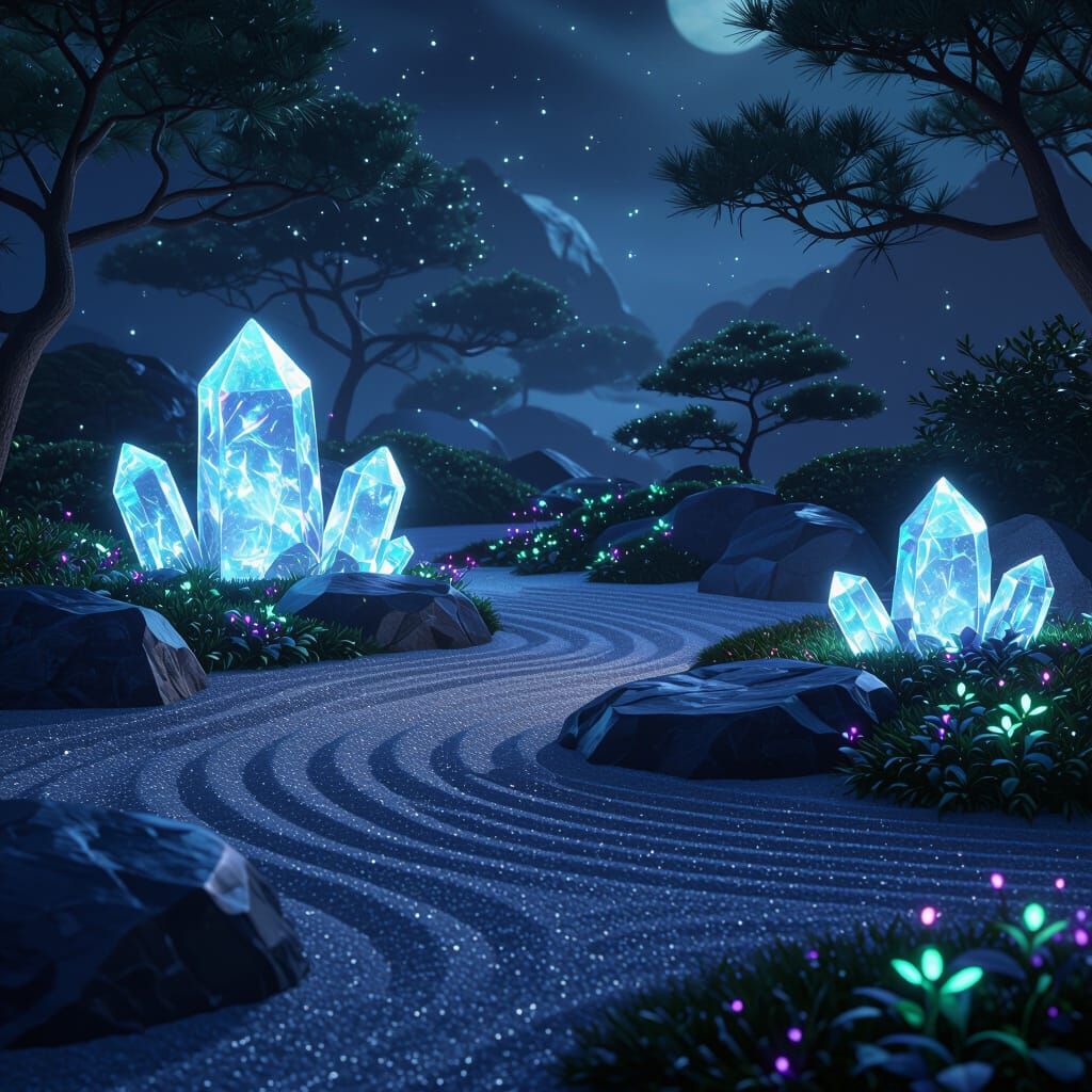 Alien Zen Garden with Bioluminescent Flora