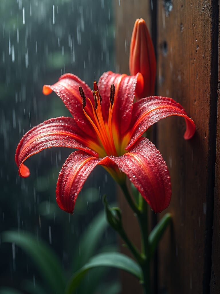 Iridescent Lily in Moody Rainy Scene