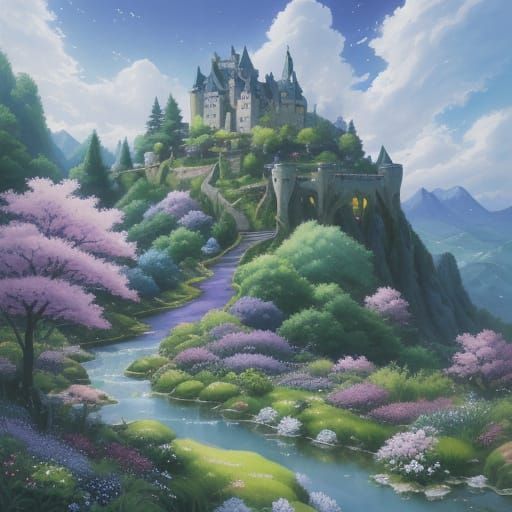 imagine a dreamy environment where the clouds are pillow-like and is a deep navy blue, the land has the consistency of c...