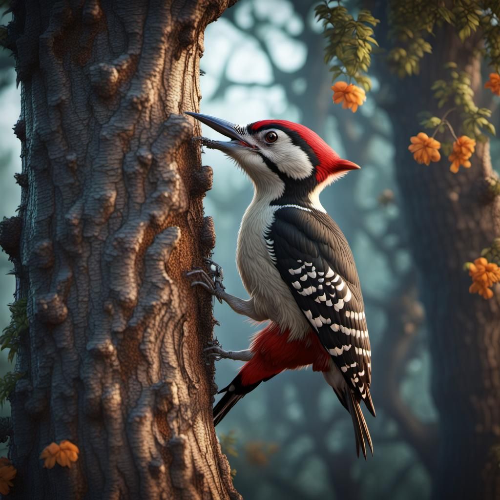 Woodpecker Pecking: Detailed Matte Painting in 8K