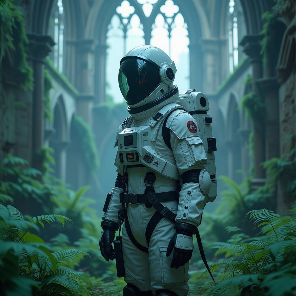 Spectral Explorer in Gothic Cathedral Ruins