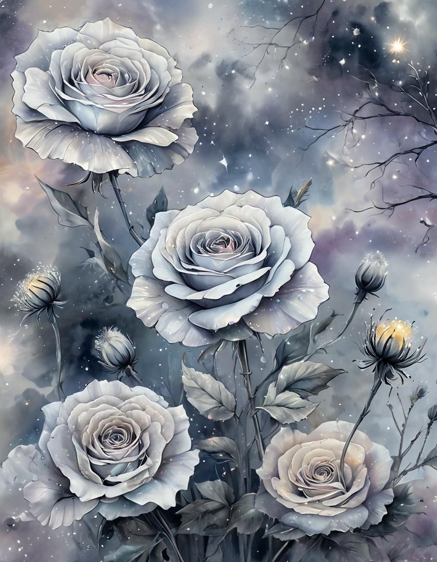 Silver Rose with Glowing Dandelions: Magical Realism Illustr...