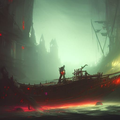 Skeleton Ship with Glowing Chainsaw: Dark Fantasy Art
